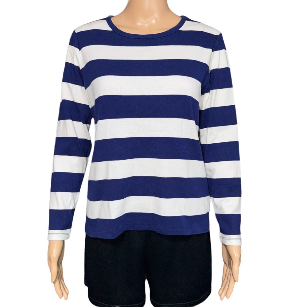 Lands End Womens T Shirt Top Shaped Fit Long Sleeve Stripes Blue White Medium